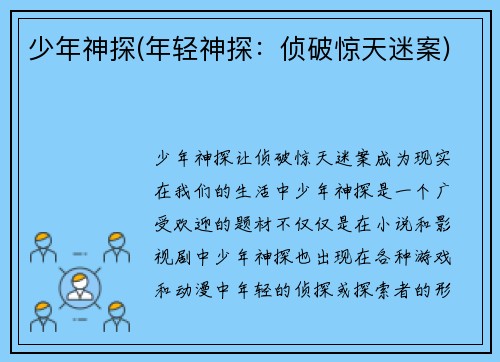 少年神探(年轻神探：侦破惊天迷案)